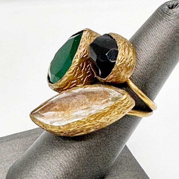 Triple Gemstone Cluster Cocktail Ring Statement Ring Brass - Picture 4 of 8